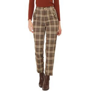 Vintage Tartan Plaid Pants Elastic Waist Straight Long Trousers Brown Beige